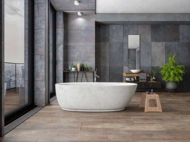 Bathroom tile dark flooring with bath tub | BFC Flooring & Design Centre