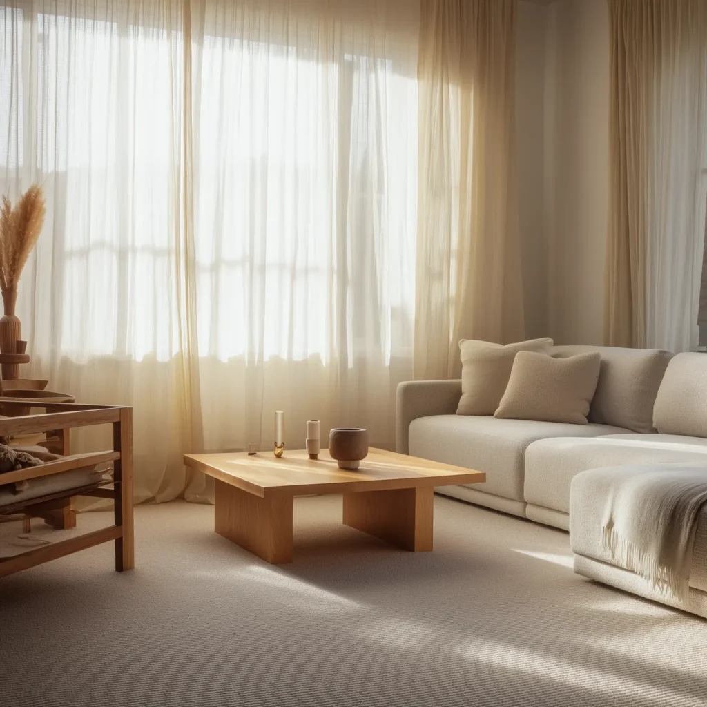 Luxurious carpet in cozy living room with off-white sectional and square light wood coffee table