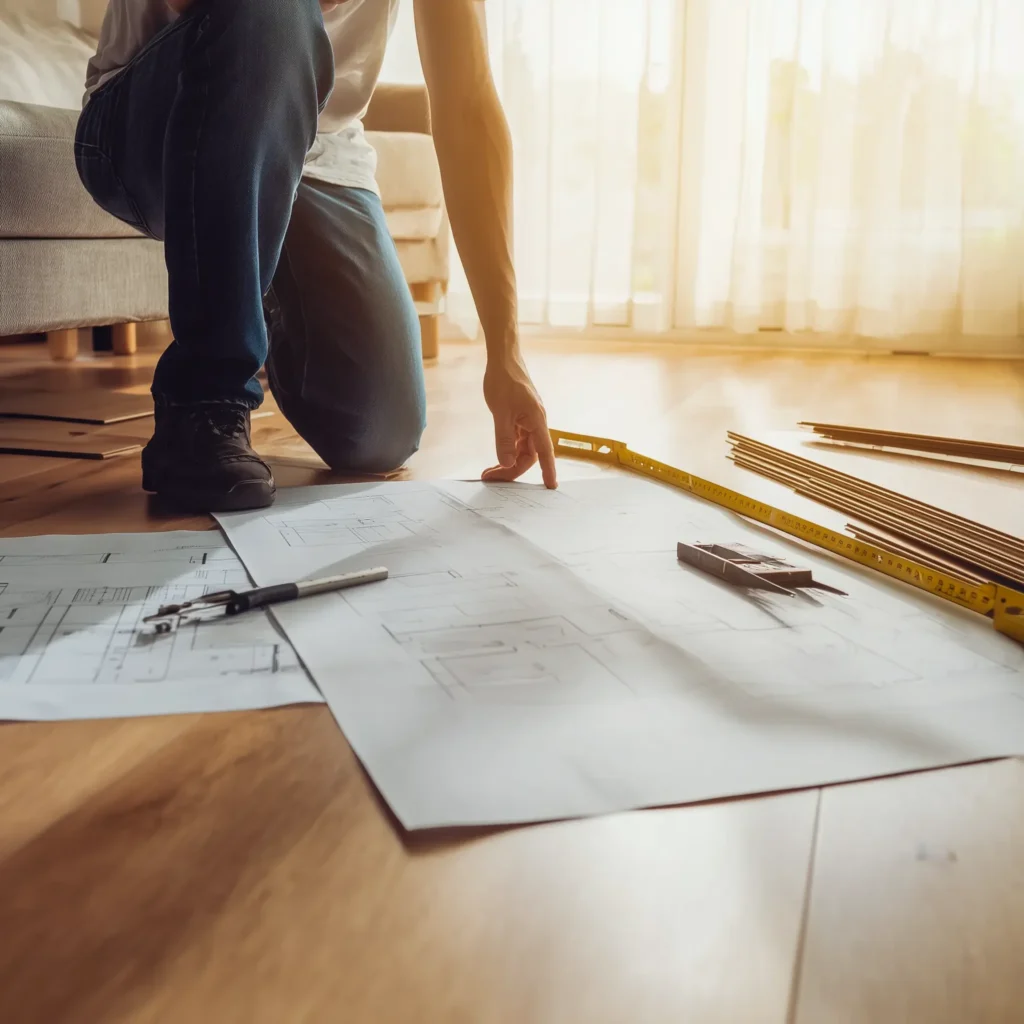 Flooring professional measuring and estimating a future project